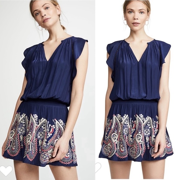 Ramy Brook Navy Blue Embroidered Smocked Waist Mini Dress size Small Flutter - Picture 1 of 10